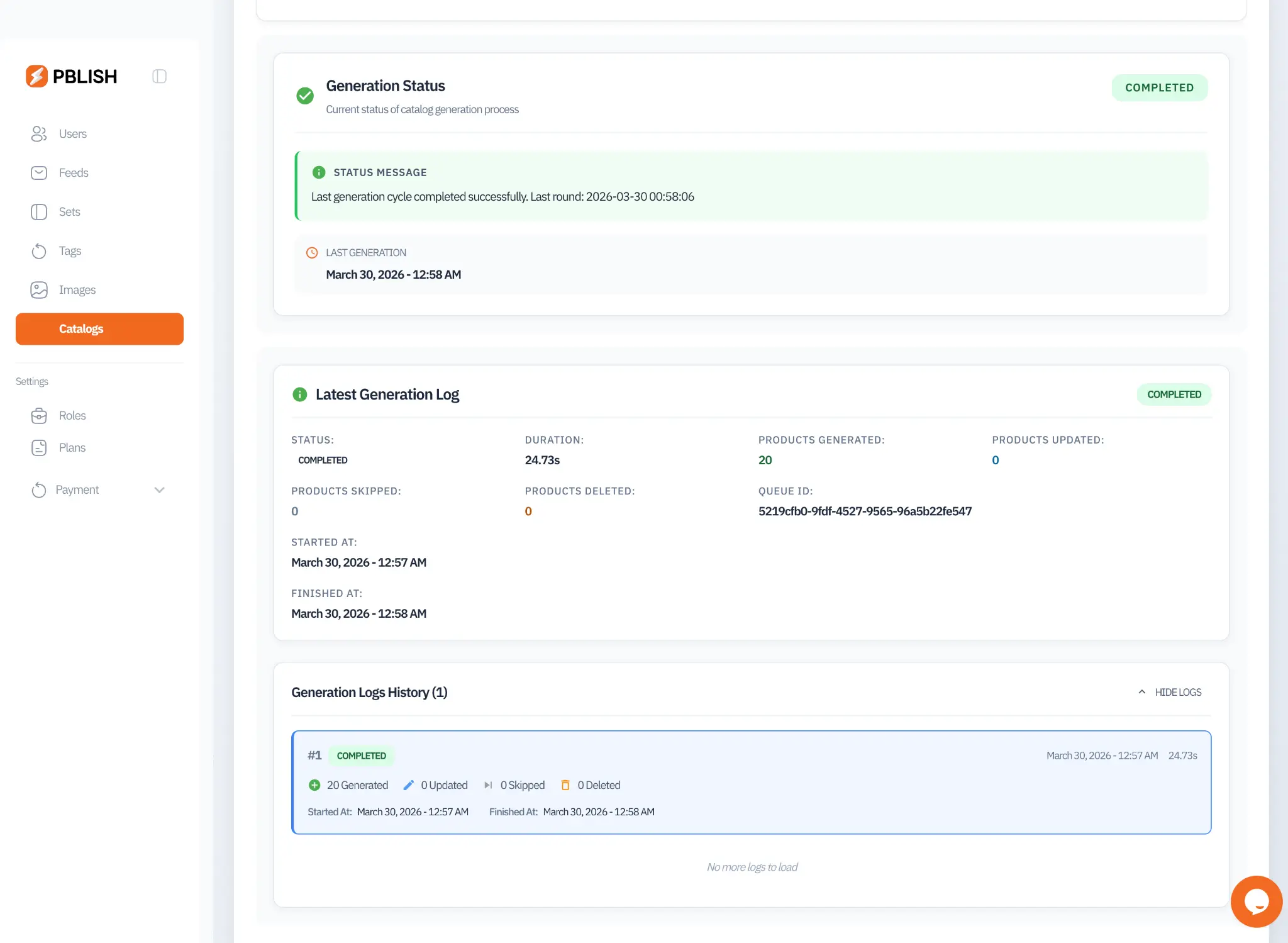 Generation Status panel showing COMPLETED status, latest log, and history