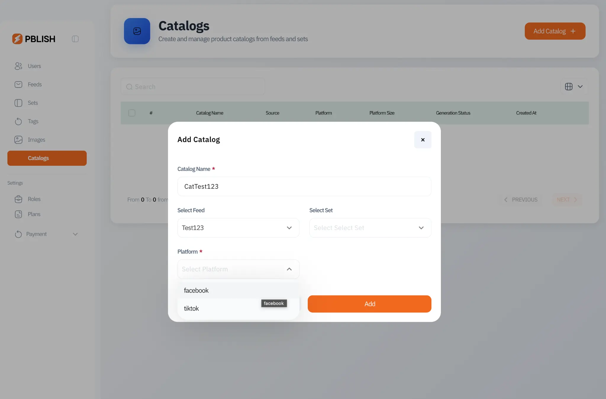 Add Catalog modal