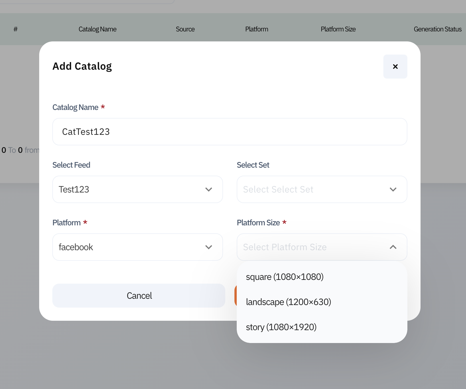 Platform size selection square landscape story
