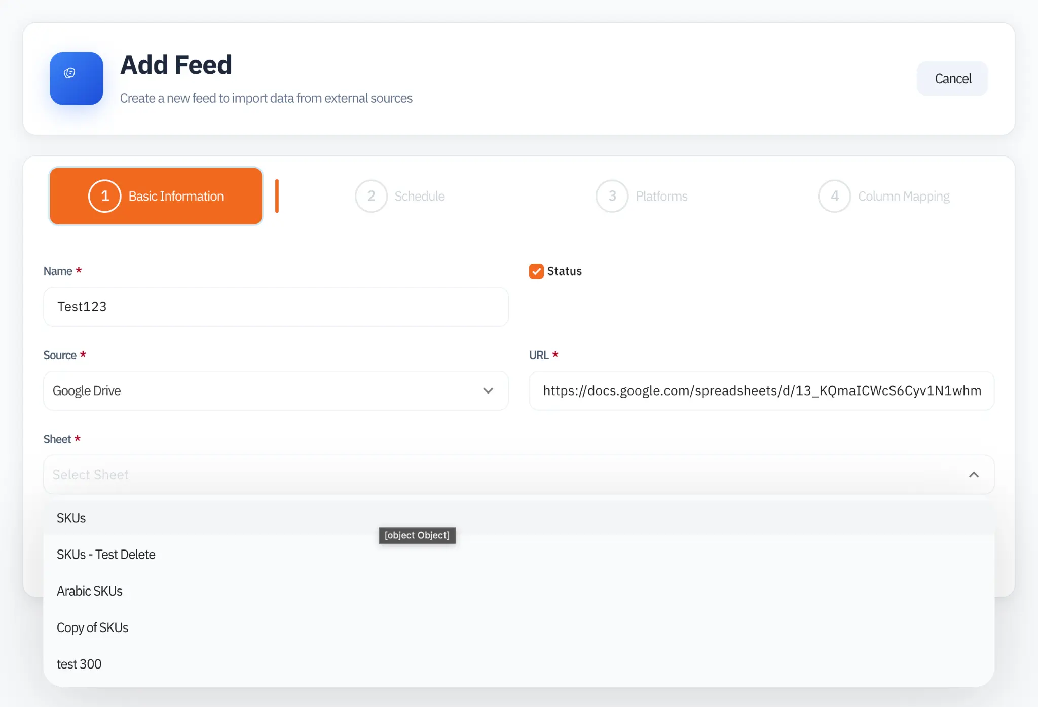 Google Sheets URL and tab selection