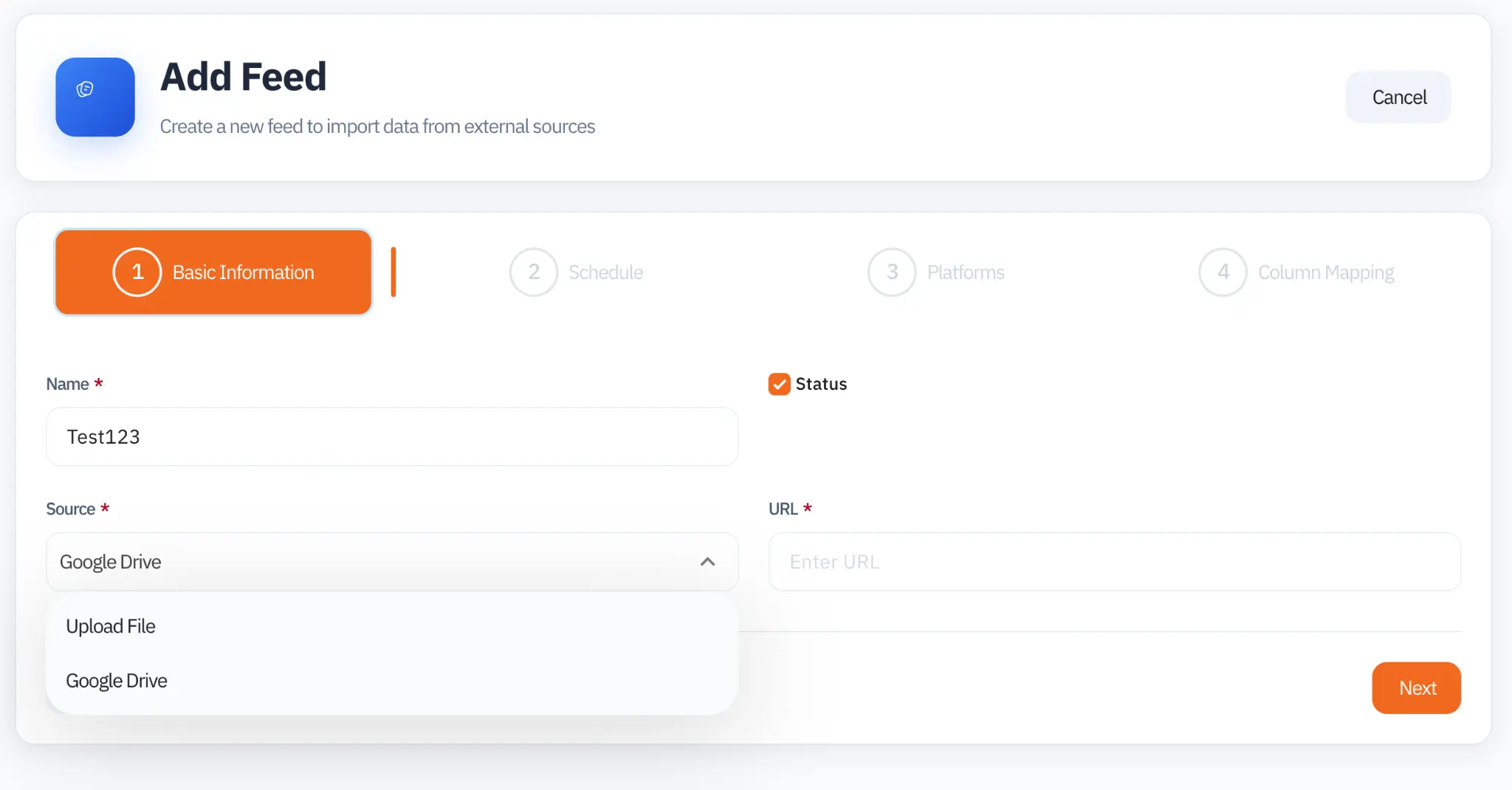Source dropdown Google Drive or Upload File