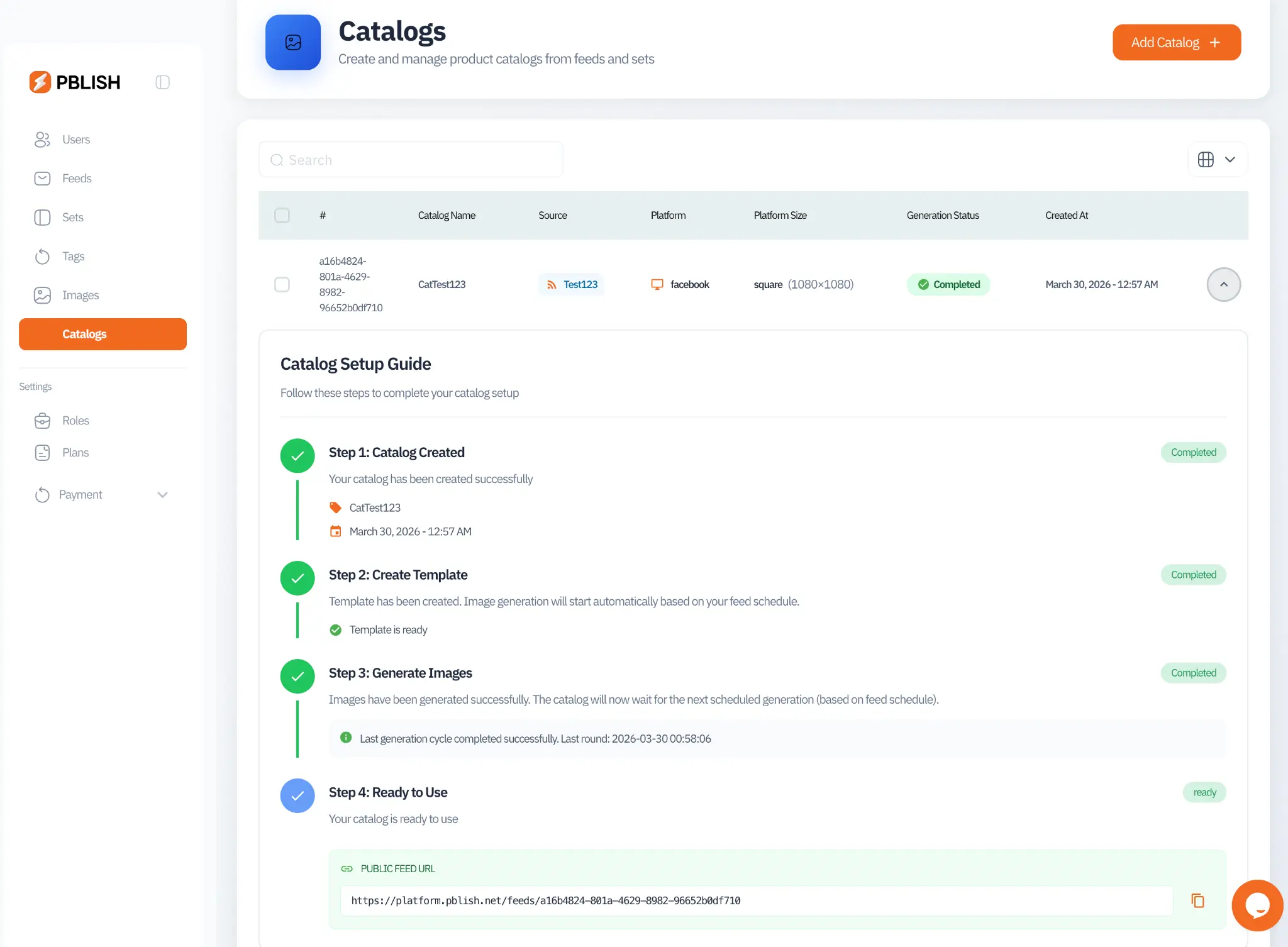 Catalog setup complete public feed URL
