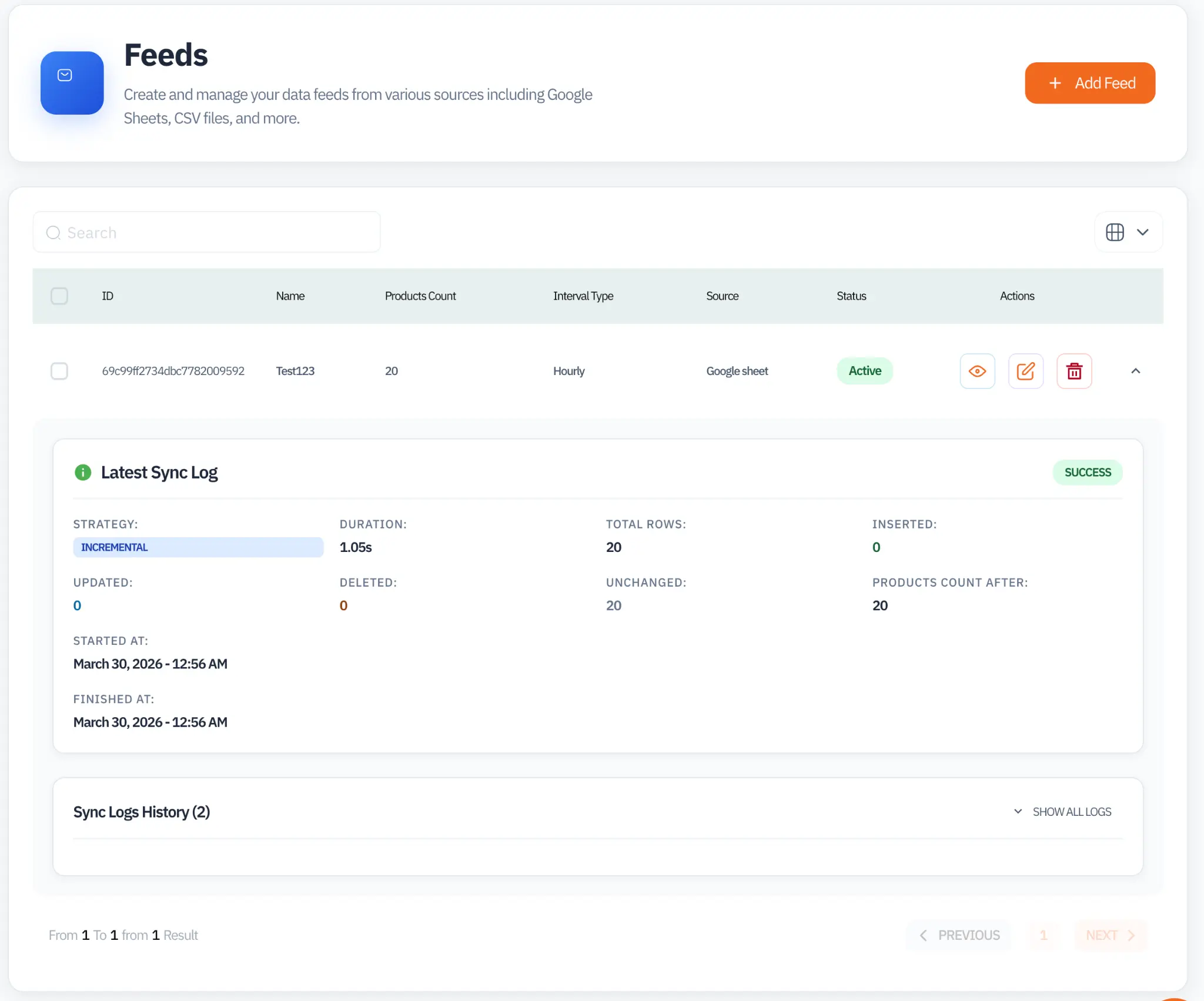 Feeds list with sync log