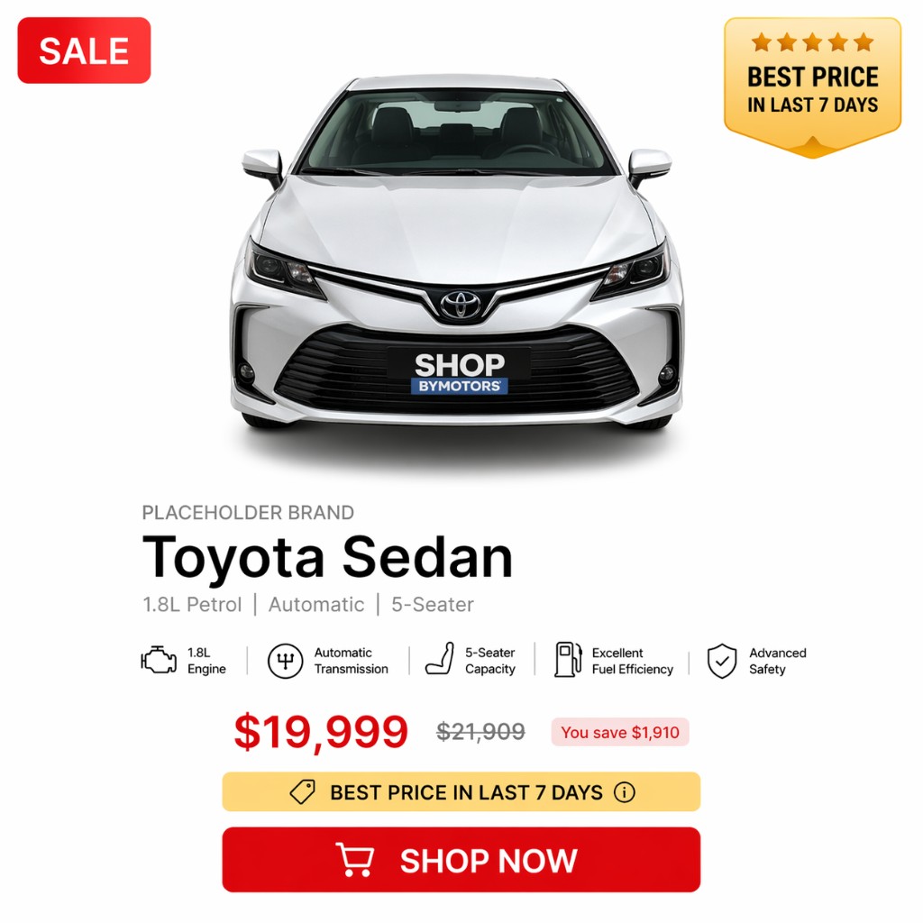 Branded catalog layout: sedan listing with promotional price and feature row