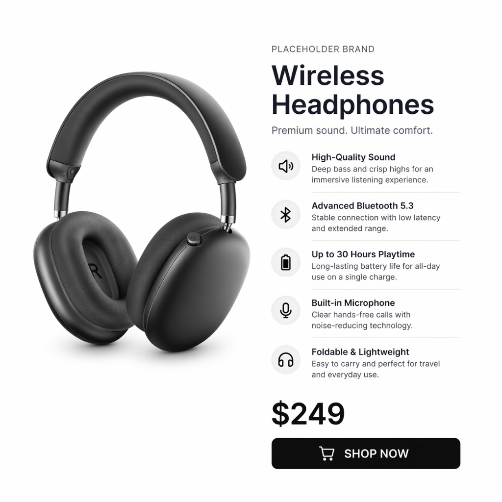 Branded catalog layout: wireless headphones with feature list and pricing
