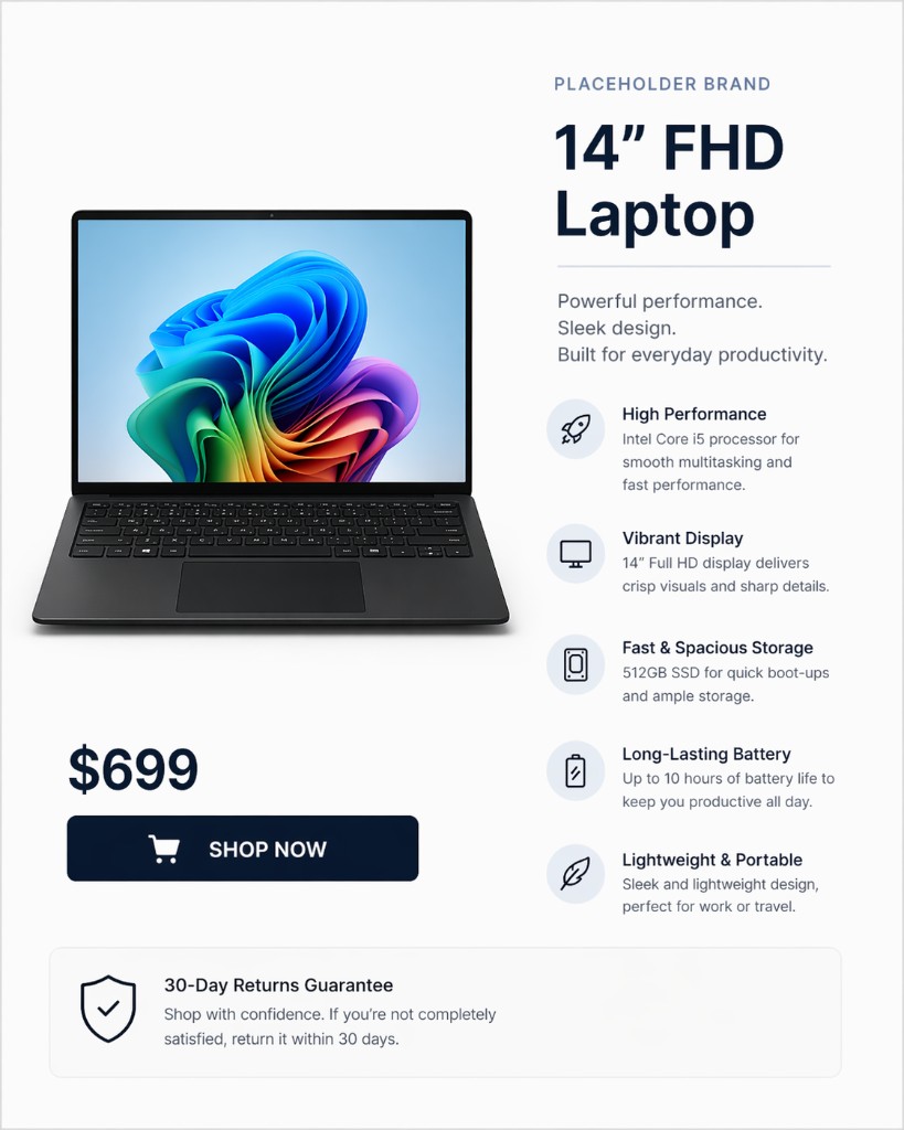 Branded catalog layout: 14-inch FHD laptop with specs, price, and shop call to action