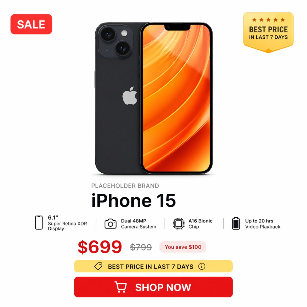 Branded catalog layout: smartphone with sale badge and promotional pricing