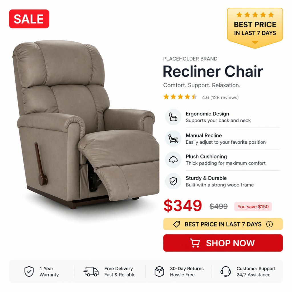 Branded catalog layout: recliner chair with sale pricing and trust badges