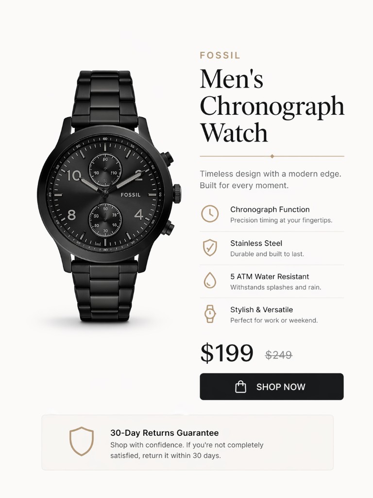 Branded catalog layout: chronograph watch with features and price